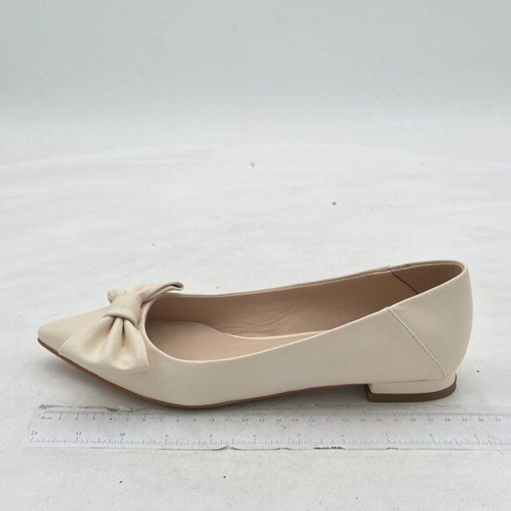 FSJ Beige Pointed Toe Bow Comfortable Slip On Ballet Cute Low Heels Dressy Pumps